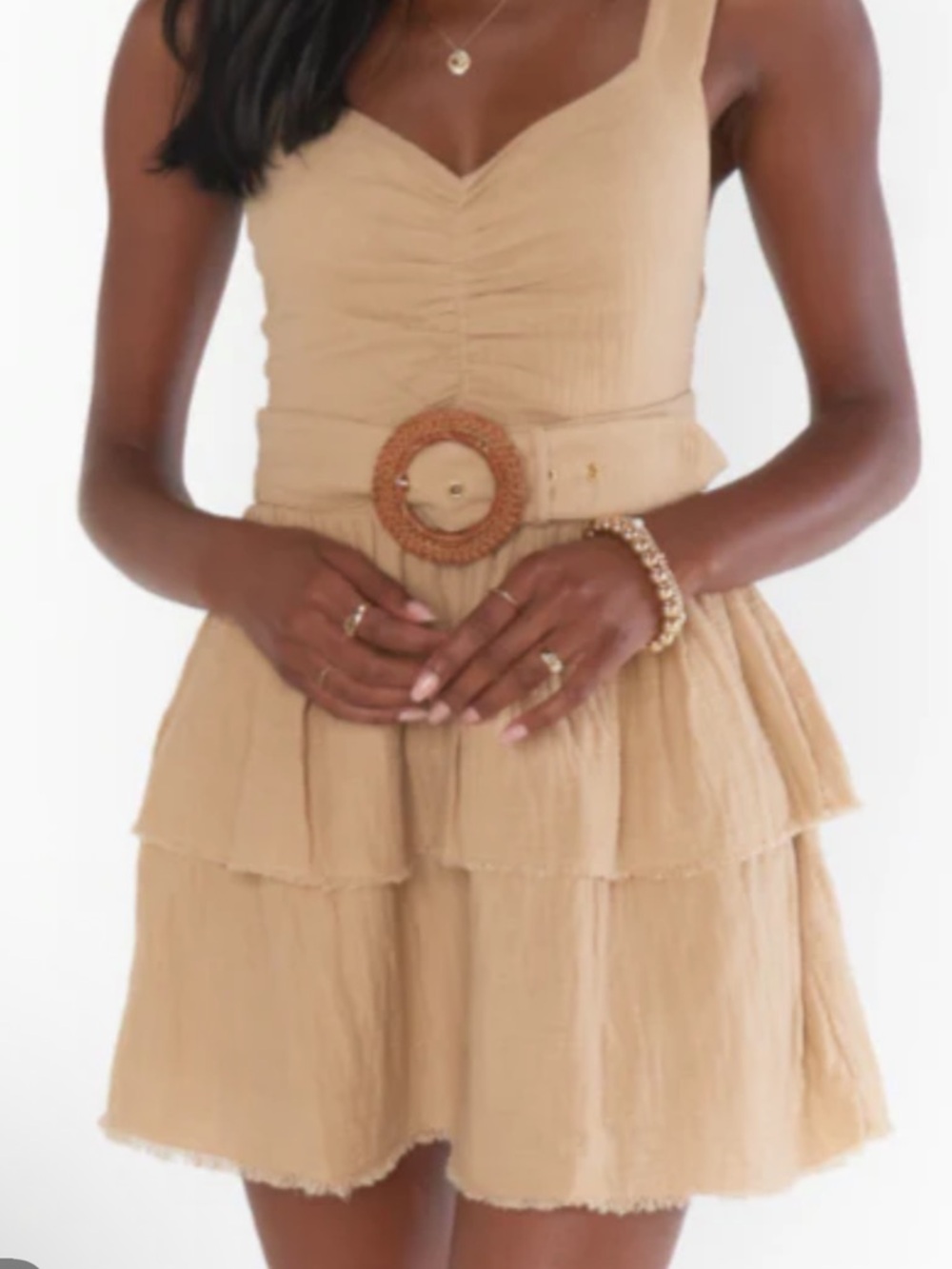 Show Me Your Mumu Tan Textured Tiered Mini Dress with Woven Waist